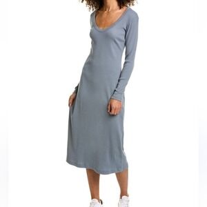 James Perse Long Sleeve Ribbed Knit Midi Dress Scoop Neck Casual Gray Blue